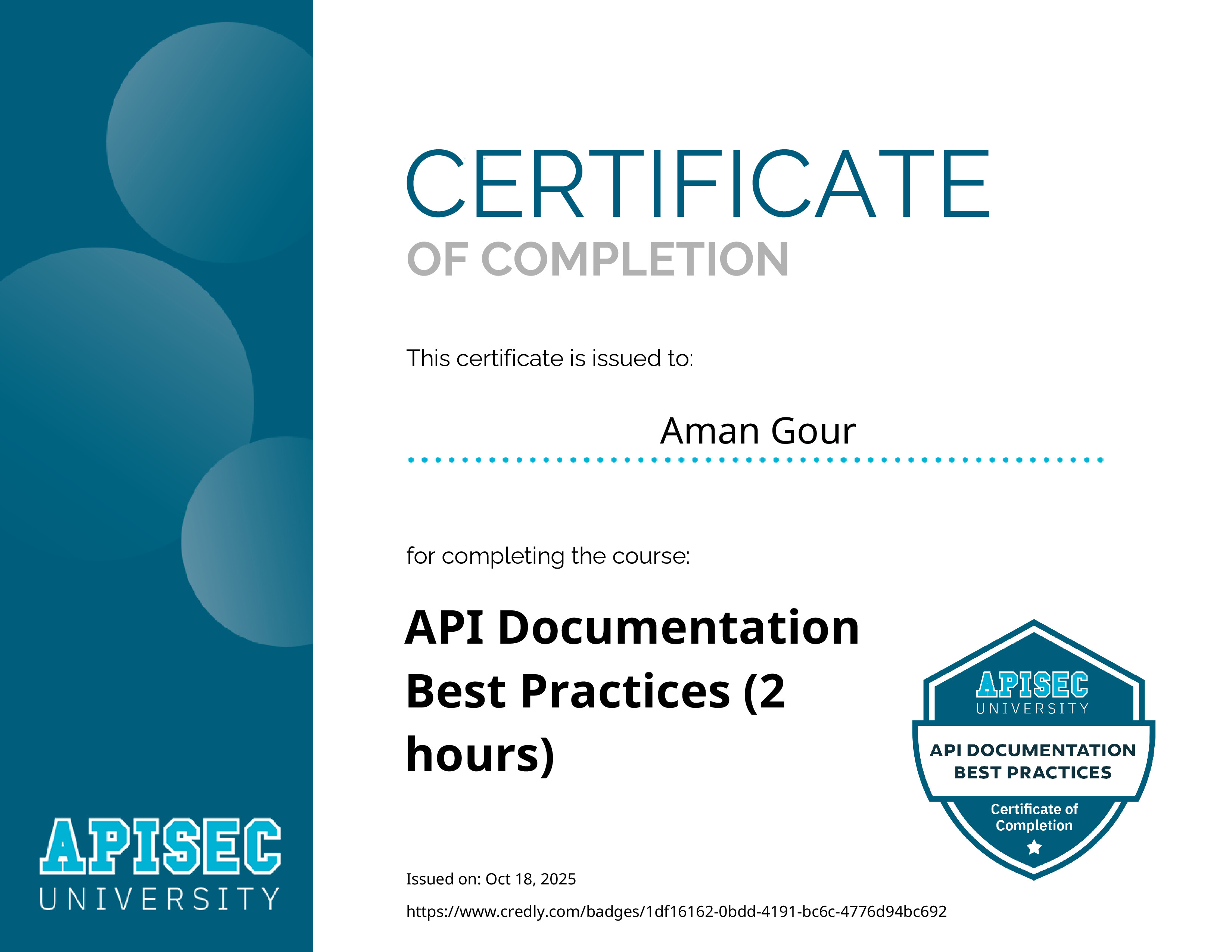 API Documentation Certificate