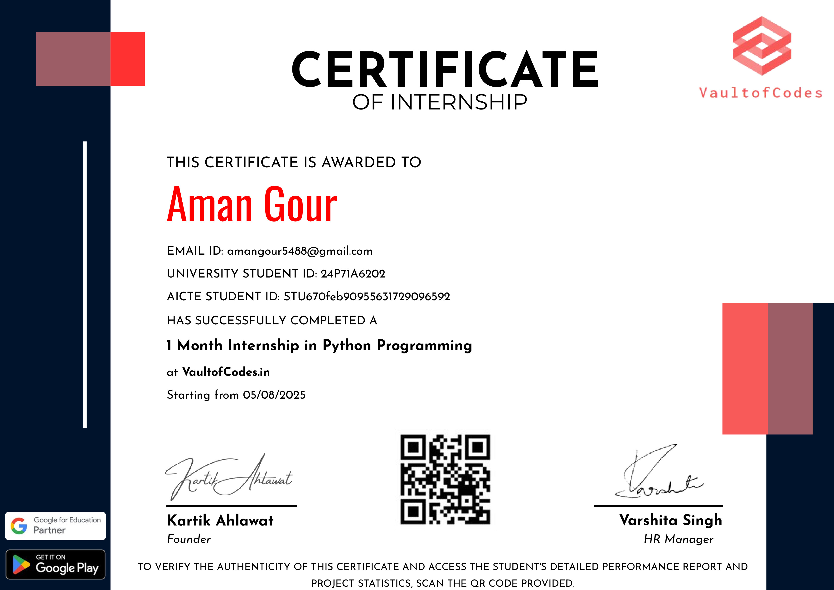 VaultOfCode Internship Certificate